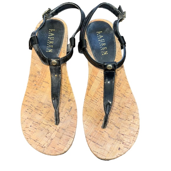Lauren Ralph Lauren Shoes - Lauren Ralph Lauren Black Wedge Rosalia T-Strap Wedge Cork Shoes Size 8